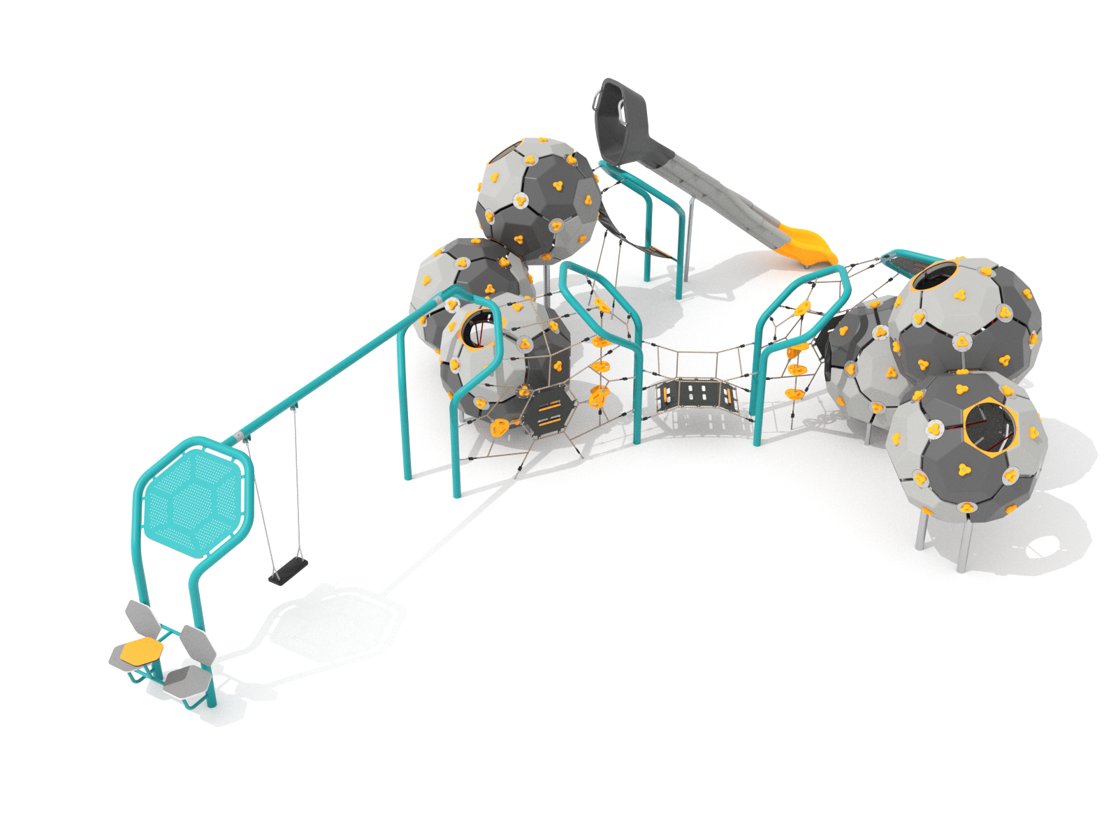 Climbing set consisting of six Bubbles, a slide and a swing